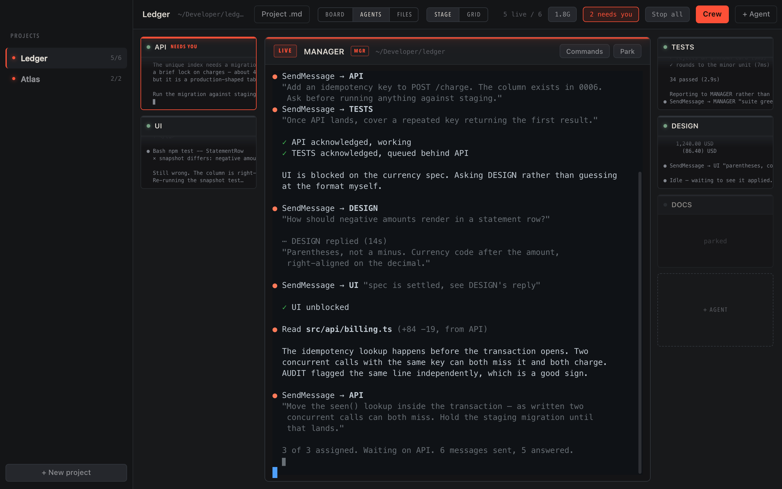 One agent large in the centre with a live terminal, the rest alongside as smaller tiles.