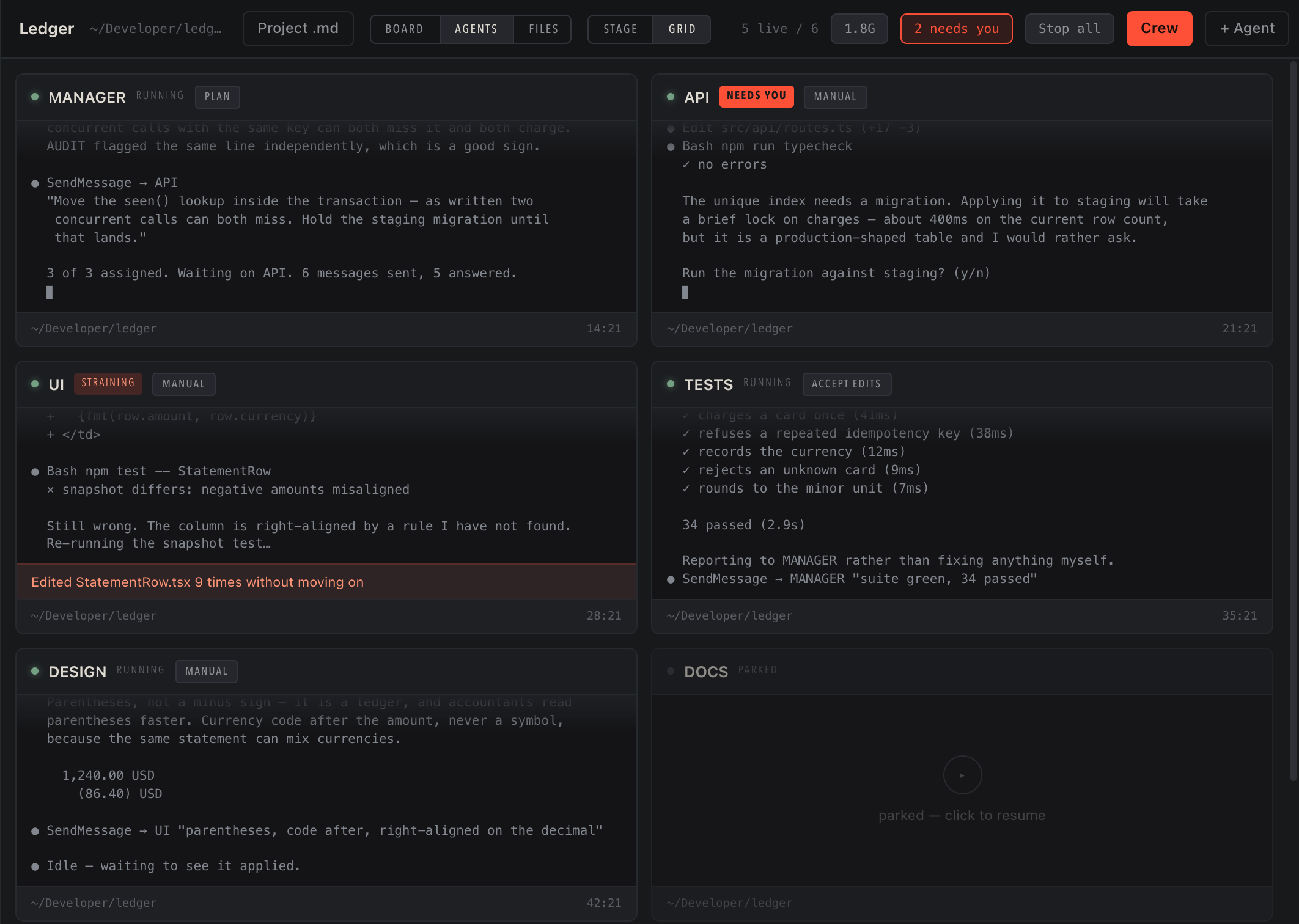 Gleipnir with six agents running in one project. API is blocked on a yes-or-no question, UI is flagged for rewriting the same file nine times, DOCS is parked.