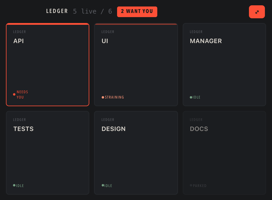 A small floating panel of square tiles, one per agent, showing state only.